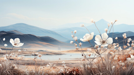 Misty meadow with white flowers in the foreground against the backdrop of mountains. Empty background with copy space.	