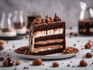 5 layer chocolate cream cake slice, dripping with chocolate sauce, with hazelnut sprinkles

