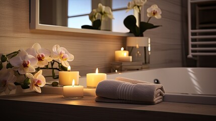 scented candles on a bath tray in the bathroom that complement the color scheme and overall design of the bathroom