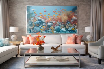 family room with a coral reef mural, a seashell-filled glass coffee table, and a white slipcovered sofa