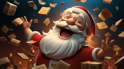 3d cartoon of santa claus with happy face and banknote flying. Generative ai.