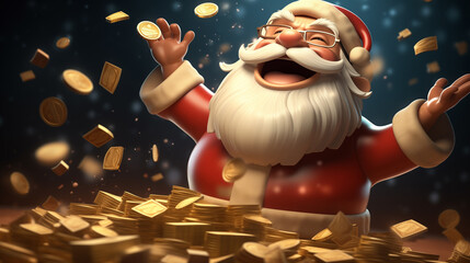 3d cartoon of santa claus with happy face and banknote flying. Generative ai.