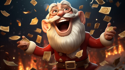 3d cartoon of santa claus with happy face and banknote flying. Generative ai.