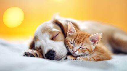 Fototapeta na wymiar chien et chat endormi ensemble collé l'un à l'autre pour la sieste