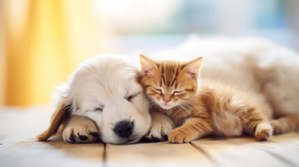 chien et chat endormi ensemble collé l'un à l'autre pour la sieste - obrazy, fototapety, plakaty