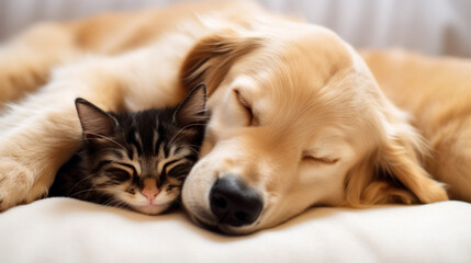 chien et chat endormi ensemble collé l'un à l'autre pour la sieste - obrazy, fototapety, plakaty