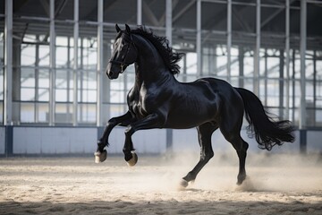 a black stallion performing dressage in an arena
