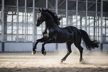 Fotobehang a black stallion performing dressage in an arena © Natalia