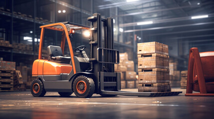 Product warehouse with forklift in a factory. Cargo warehousing. Special equipment for cargo.