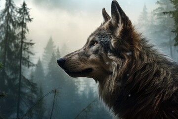 wolf profile merged with a dense, foggy forest scene - obrazy, fototapety, plakaty