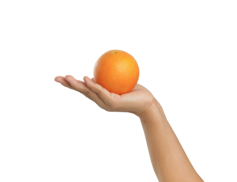 Hand holding fruit, orange, on white background.