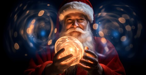 Portrait of Santa Claus holding a glowing light bulb in his hands.