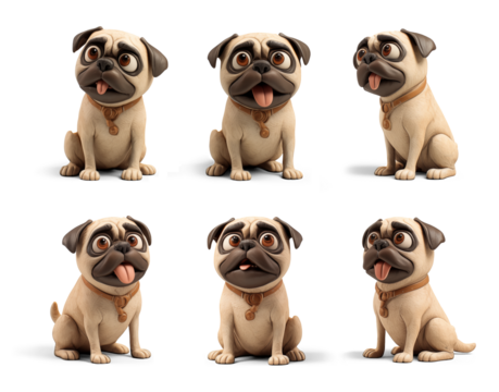 Adorable Claymation Pug: Six Expressive Poses of a Cute, Characterful Pug Dog in Isolated Transparency