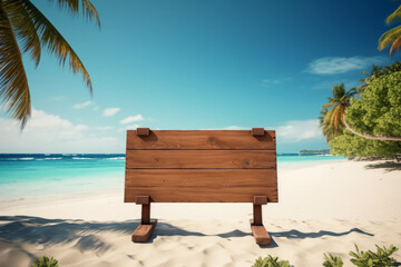 Wooden signboard on a tropical beach. Copy space for text