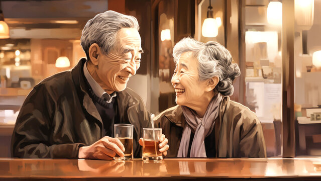 The concept of an active social lifestyle for older people. An elderly Japanese couple drinks alcoholic drinks in a bar or restaurant. Lovers enjoying happy hour at the bar.