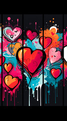 Obraz premium Style of street art with hearts with drips of paint on a dark background.