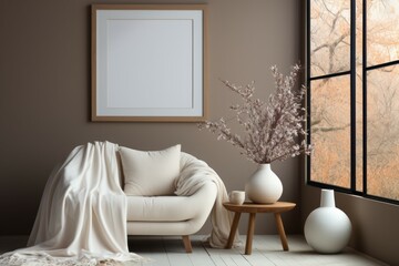 Rustic style interior design with poster artwork mock up template. Blank empty picture frame for poster or painting