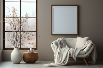 Rustic style interior design with poster artwork mock up template. Blank empty picture frame for poster or painting
