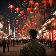 Man watching Lunar New Year Fireworks Lantern outdoors