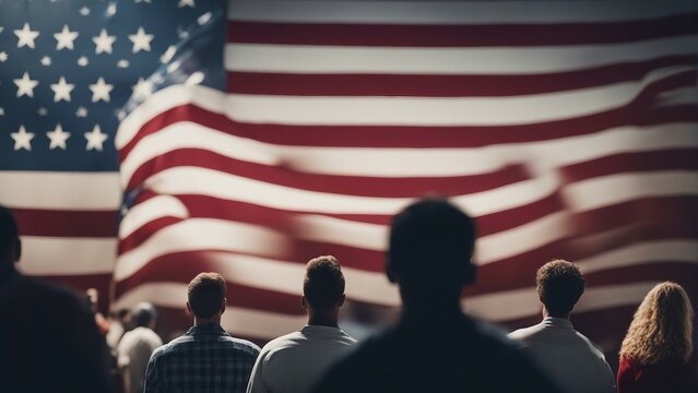 American citizens standing in front of the flag of the United States of America

