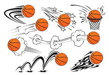 Icons set of Flying basketball ball in comic style. Basketball banner,  template of poster or invitation. Vector on transparent background © Kiselov