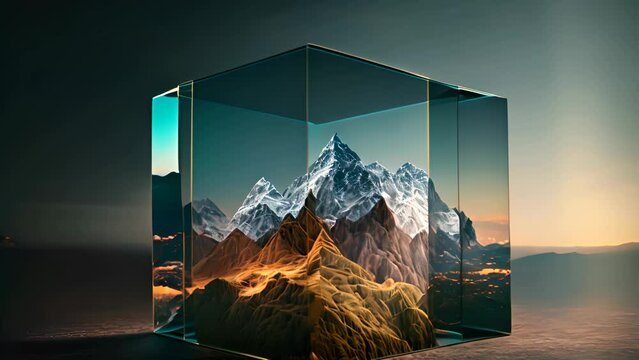 Mysterious glass cube on the natural landscape. Shiny mystic geometric object on abstract background. Generated AI