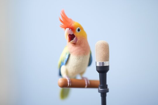 parrotlet speaking into a small microphone on a perch