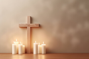 christian cross with candles on wooden floor in room, copy space - Powered by Adobe