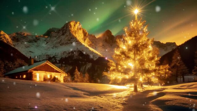 Christmas Tree, House, and Snowy Mountains , Winter Wonderland , christmas video animation ,