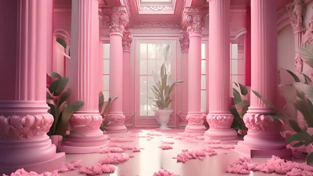 Corridor of pink columns and green plants in vaporwave styled hotel. Generated AI