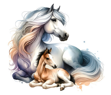 A white horse is lying with a newborn foal. Watercolor paint. Isolated illustration on a white background. Close-up. Generative AI