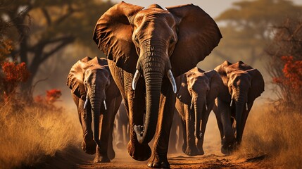 A herd of African elephants walk. AI generate illustration