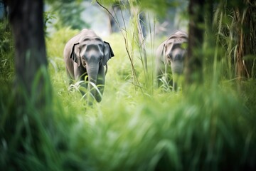 elephants foraging in lush green underbrush