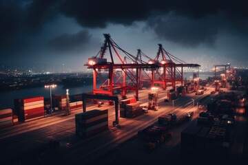 Fototapeta na wymiar Freight futuristic port with containers and cranes