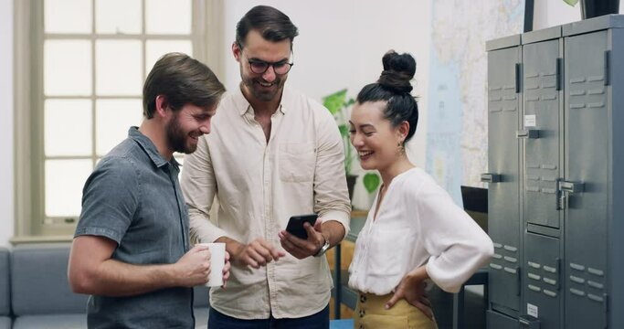 Cellphone, break and group of business people laughing at online comedy, social media post or website meme. Humour, relax friends and office staff react to online joke, article or email on smartphone