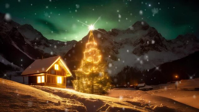 Christmas Tree, House, and Snowy Mountains , Winter Wonderland , christmas video animation ,
