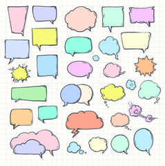 Set of color speech bubbles on notepad sheet paper with shadow. Doodle or cartoon, sketch drawing call-outs set, communication design elements