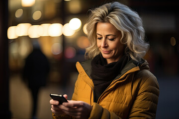Middle aged woman using mobile smartphone in the city at night. Smiling woman using app, write message, looking to contact list, receiving cell phone call - obrazy, fototapety, plakaty