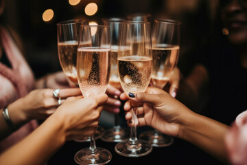 Closeup of bride and bridesmaids holding a glass of champagne in her hand - obrazy, fototapety, plakaty