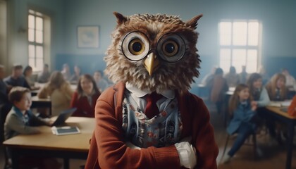 Creative animal concept. Owl is a teacher in a classroom with students. - obrazy, fototapety, plakaty