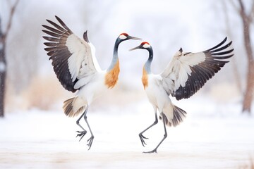 Obraz premium dance of cranes against snowy backdrop