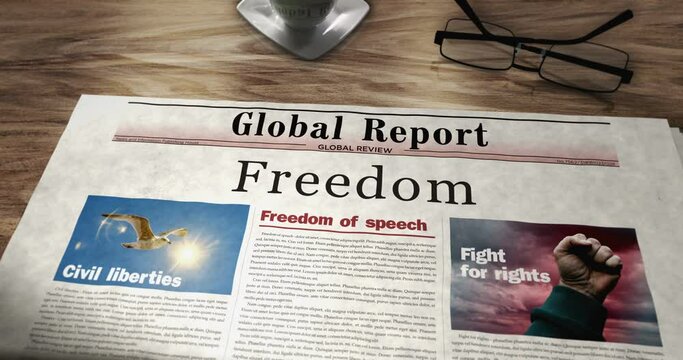Freedom and liberty daily newspaper on table. Headlines news abstract concept 3d.