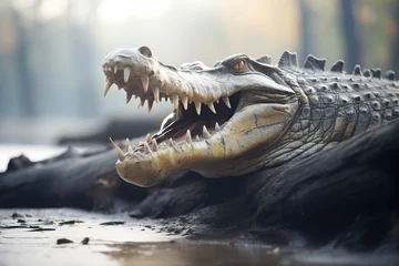 Foto auf Alu-Dibond crocodile with open jaws on riverbank © primopiano