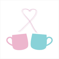 Two Coffee cup with Love. Valentine s day. 14 February. Flat design. Pink and blue.
