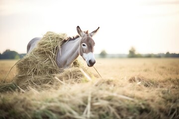 donkey laden with hay bales in a field