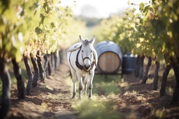 Tuinposter white donkey with barrels in vineyard setting © primopiano