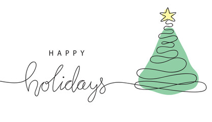 happy holidays card with christmas tree and lettering, hand drawn one line vector illustration