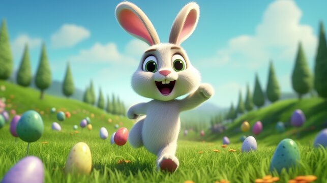 White rabbit running on green grass field with colorful easter eggs on the ground, Generative AI
