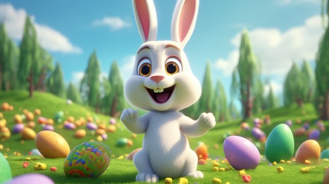 White rabbit running on green grass field with colorful easter eggs on the ground, Generative AI