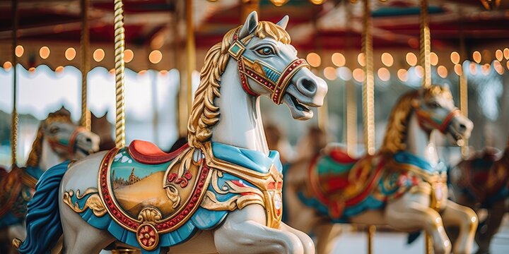 Amusement park carousel horse close up, Generative AI